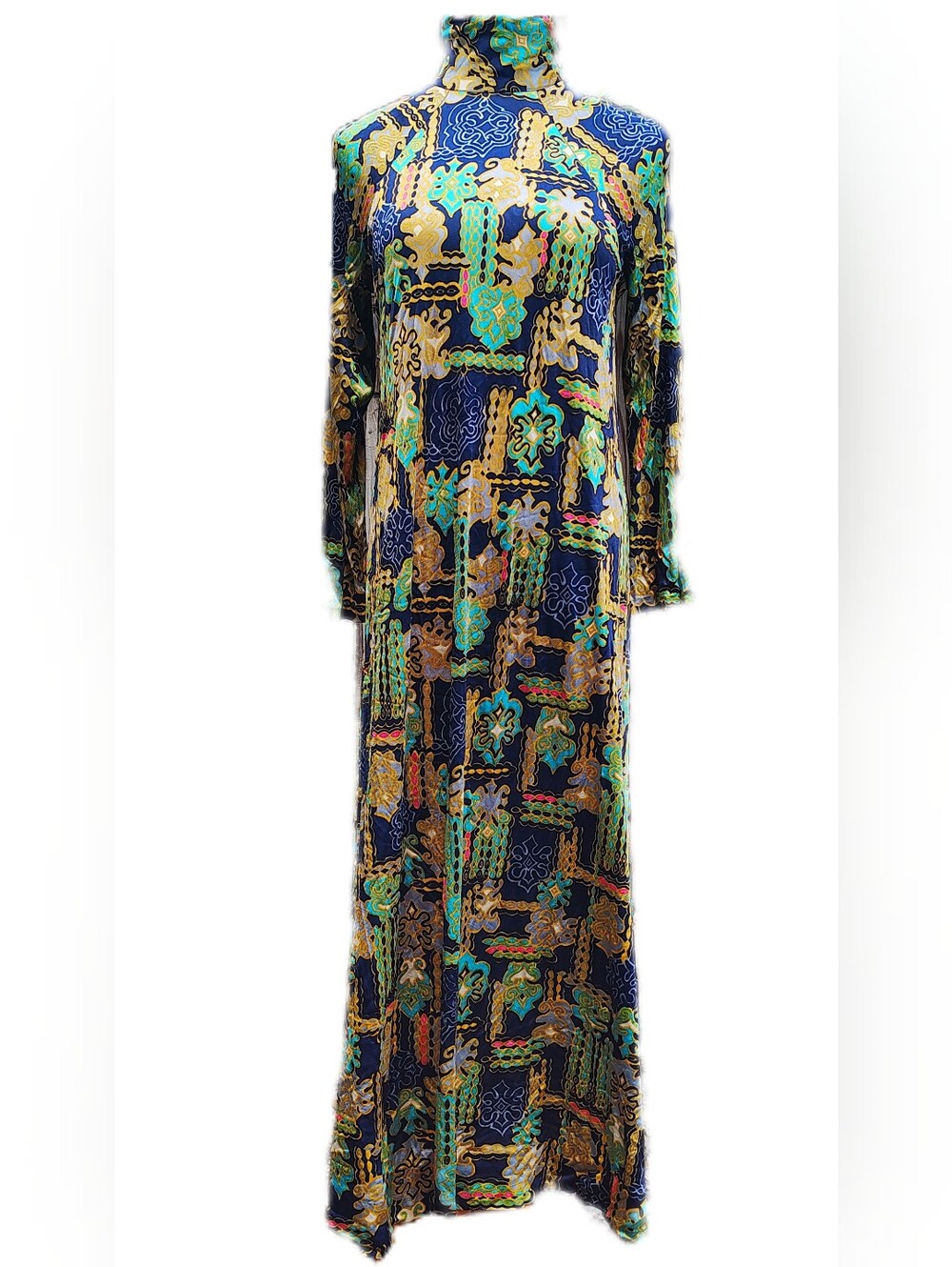 True Vintage Loll Ease House Dress, Maxi, Navy, Gold, Aqua Graphic Pattern, Med.